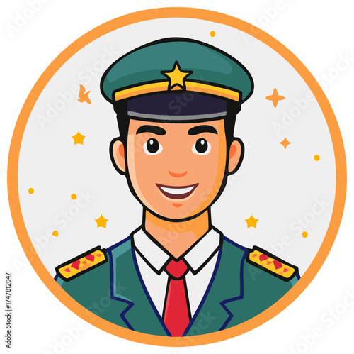 Smiling cartoon officer portrait with star and circle elements illustration