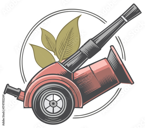 Vintage illustration of a powerful red leaf blower cannon with leaves for landscaping and garden work