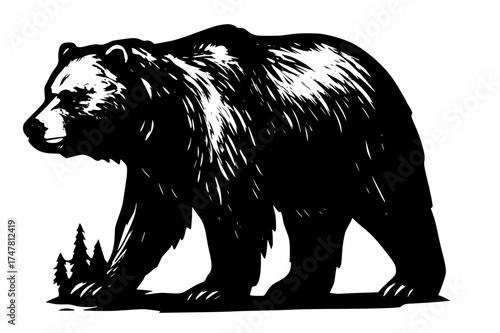 Grizzly Bear Silhouette with Forest Accent