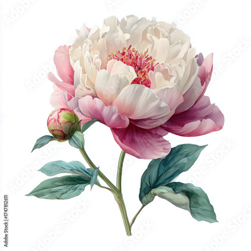 Watercolor Illustration of Peony Flower in Full Bloom, Pastel Pink and White Botanical Art on White Background