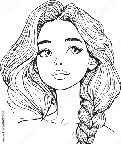 Graceful Portrait: Captivating illustration of a woman with flowing hair, intricate braid. A serene gaze is met with a sense of gentle confidence.