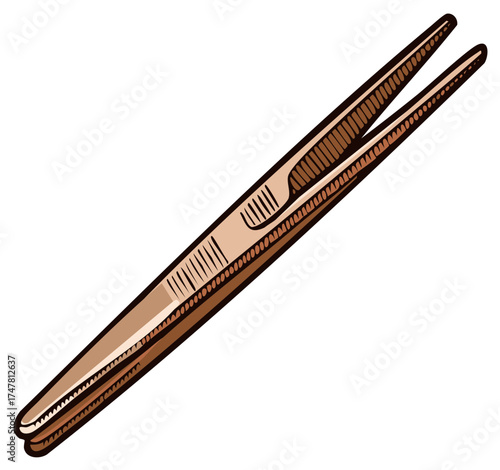 Surgical tweezers for dissection or first aid. Metal forceps close up, vector drawing of medical instrument, light brown