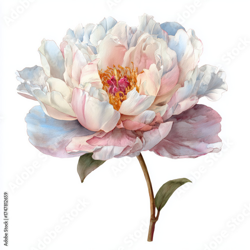 Watercolor Illustration of Peony Flower in Full Bloom, Pastel Pink and White Botanical Art on White Background