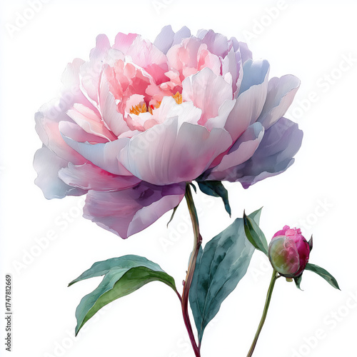 Watercolor Illustration of Peony Flower in Full Bloom, Pastel Pink and White Botanical Art on White Background