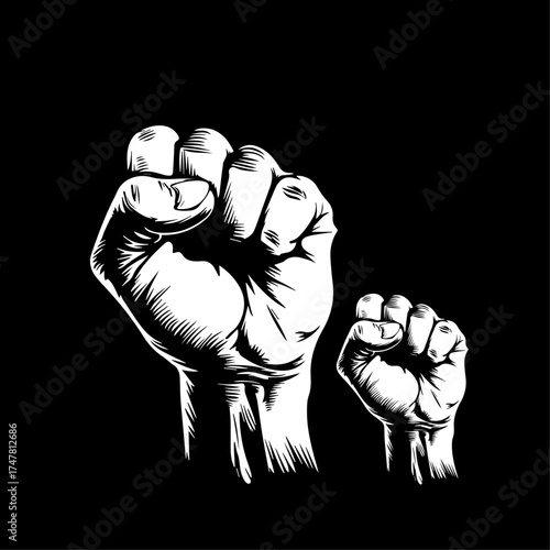 hand drawn Rised fist hands on black background , vector illustration design.