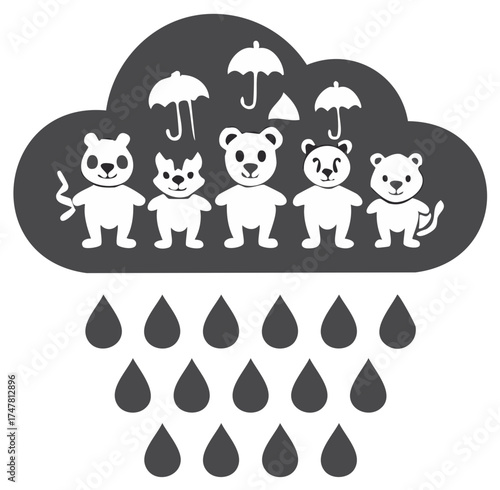 Cute Cartoon Animals Stand Under a Rainy Cloud with Umbrellas