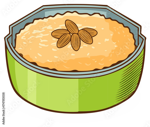 Warm, colorful dish of traditional Indian food, garnished with almonds in an octagonal container.