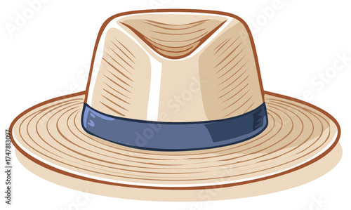 Stylish Straw Fedora Hat with Blue Ribbon Accent Hand Drawn Illustration