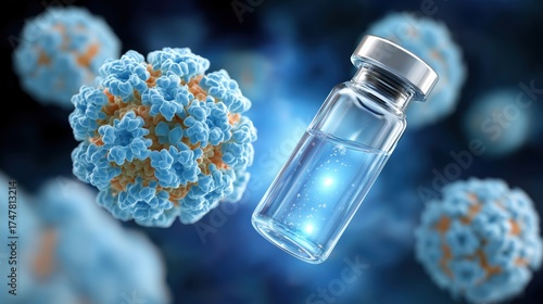 A glowing vaccine vial emitting radiant blue light surrounded by shimmering HPV protein shield structures. protection, immunity, biotechnology innovation, medical research, global health advancement. 