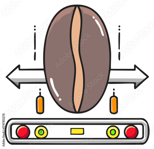 Coffee bean on production conveyor with arrows pointing outwards in both directions