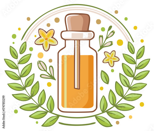 Aromatherapy essential oil in a glass dropper bottle surrounded by a floral and leaf wreath