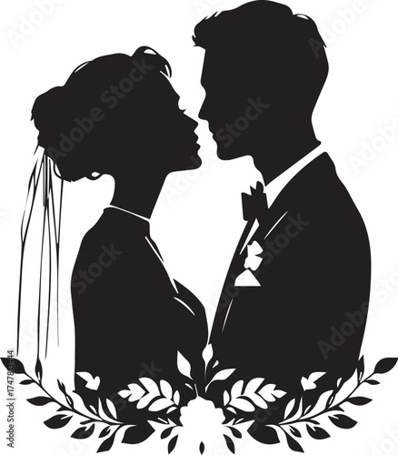 Black and white vector illustration of bride and groom silhouette with floral frame in romantic wedding pose