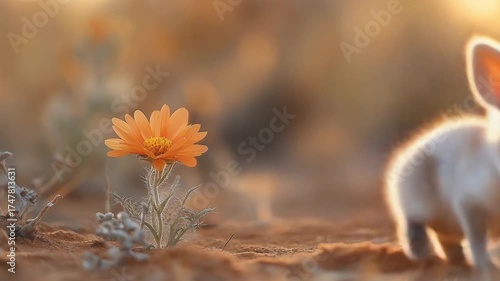 Adorable Tiny Desert Creature Sniffs a Bright Orange Flower.