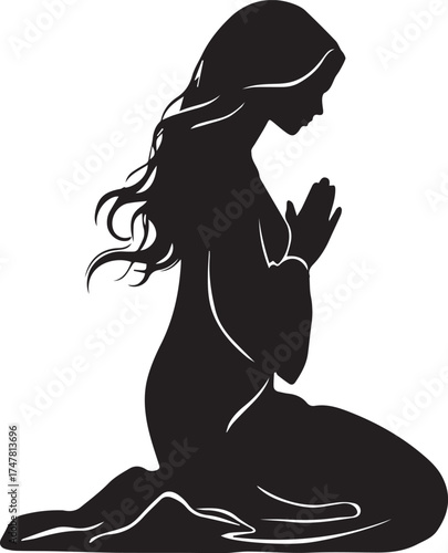 Black and white vector illustration of kneeling person in prayer with bowed head and long hair silhouette