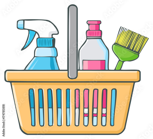 Cleaning supplies in a basket cartoon illustration