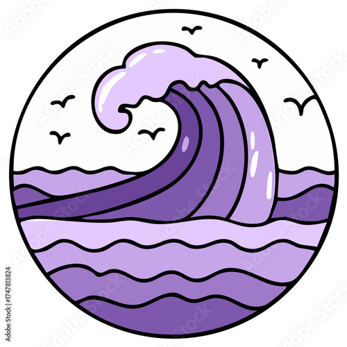 Stylized Illustration of an Ocean Wave with Birds in a Circle Frame.