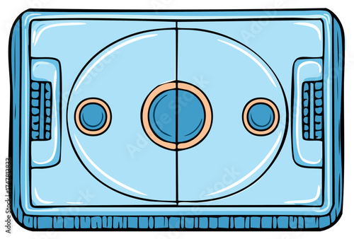 Hand drawn cartoon blue air hockey table with pucks and paddles