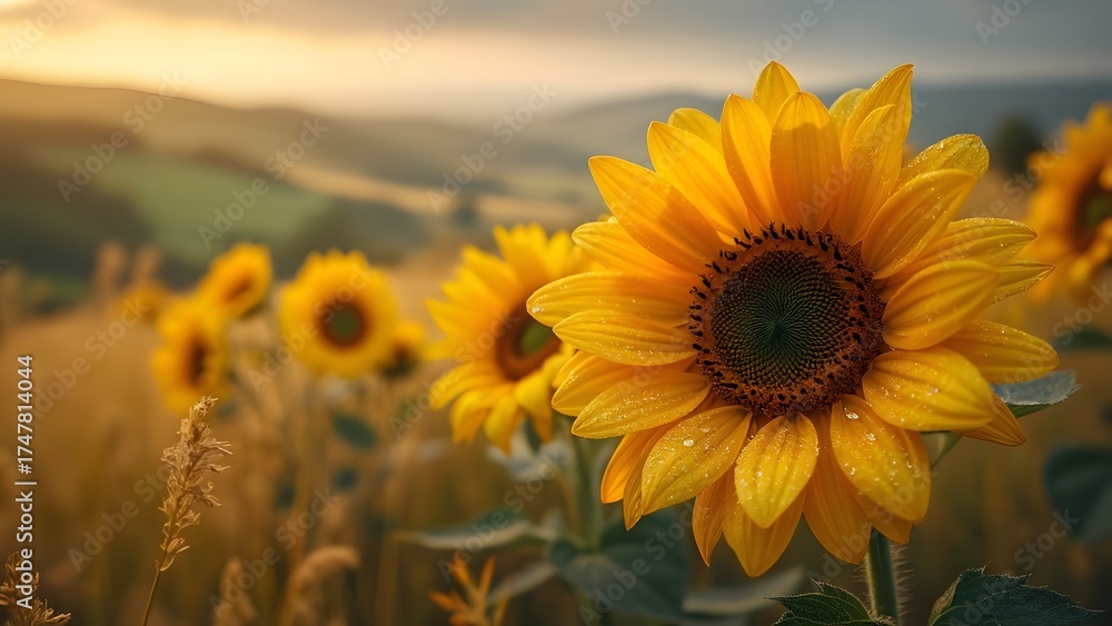 Fototapeta premium Vibrant Sunflowers in Golden Hour Field