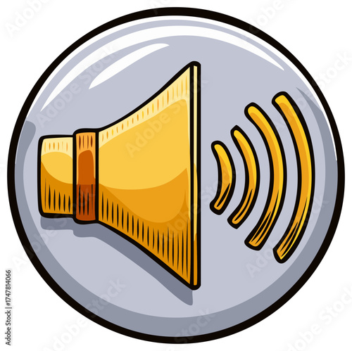 Golden speaker icon with sound waves emanating, set in a circular grey background with a bold outline.