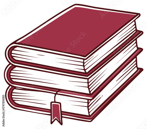 Stack of three hardcover books with a bookmark on the bottom book in a simple drawing style
