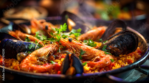Close-up of traditional Spanish seafood paella with shrimp and mussels.