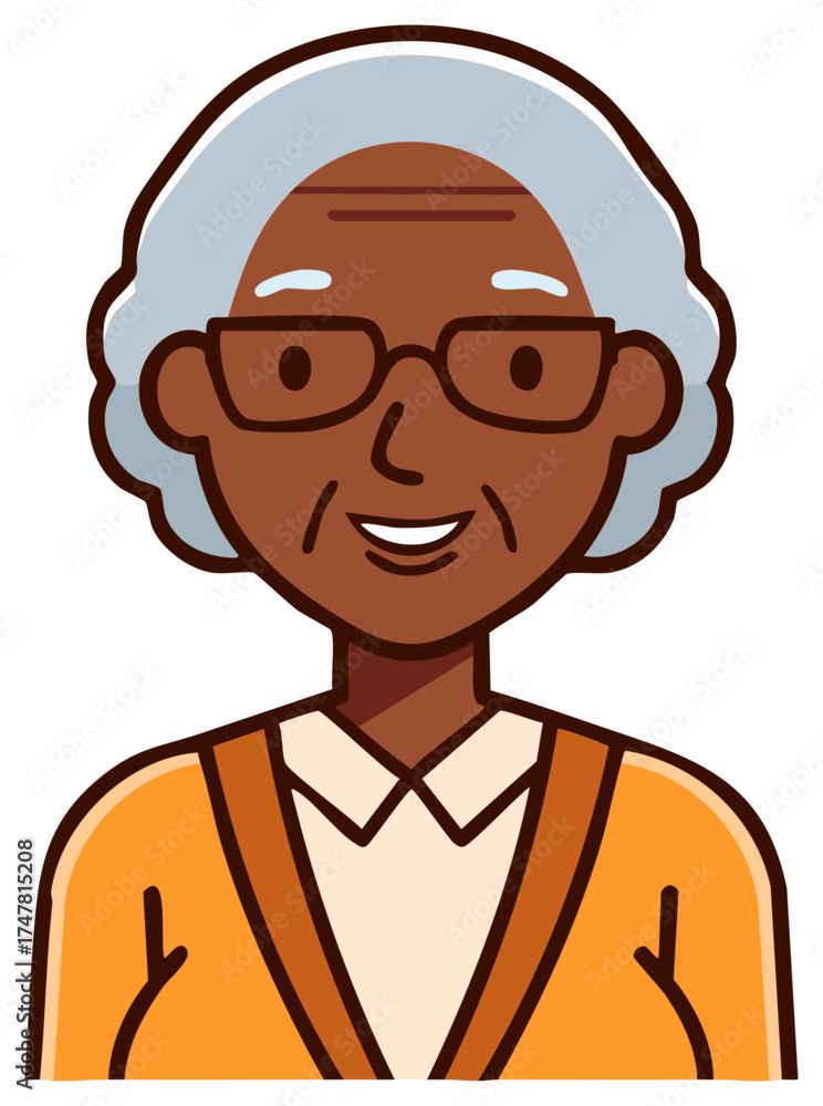 Obraz premium Happy senior African American woman with gray hair and glasses flat cartoon illustration