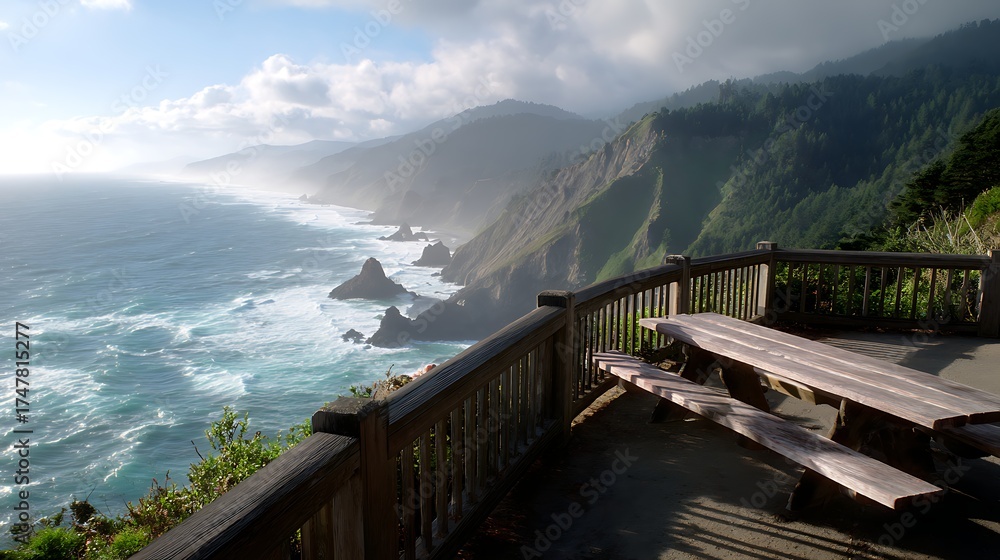 Fototapeta premium A coastal overlook with a railing and benches, waves crashing against cliffs far below