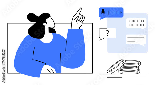 Person interacting with voice input, speech recognition, binary code, and dialogue bubbles near stacked coins. Ideal for tech, AI, finance, automation, innovation digital economy communication