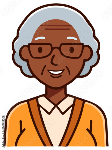 Happy senior African American woman with gray hair and glasses flat cartoon illustration