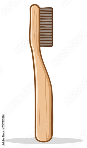 Cartoonish wooden toothbrush with brown bristles and shadow for dental hygiene concepts