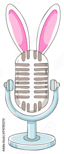 Retro Microphone with Bunny Ears Illustration Cute Cartoon Character Easter Holiday