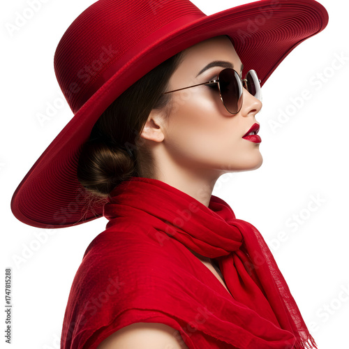 Photo Elegant Woman Red Hat Sunglasses Scarf Red Outfit