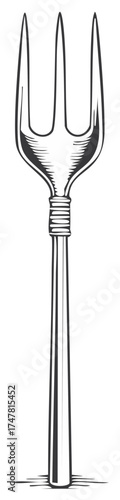 Illustration of a traditional pitchfork with a vintage engraved look