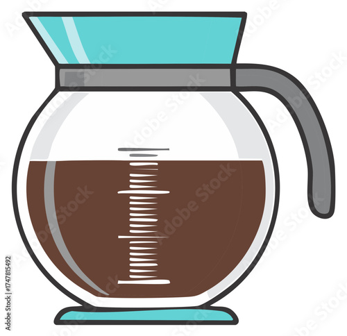 Cartoon coffee pot carafe filled with fresh hot brewed coffee beverage illustration