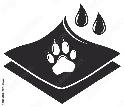 Waterproof Fabric Layers with Paw Print and Liquid Drops, Black and White Vector Icon