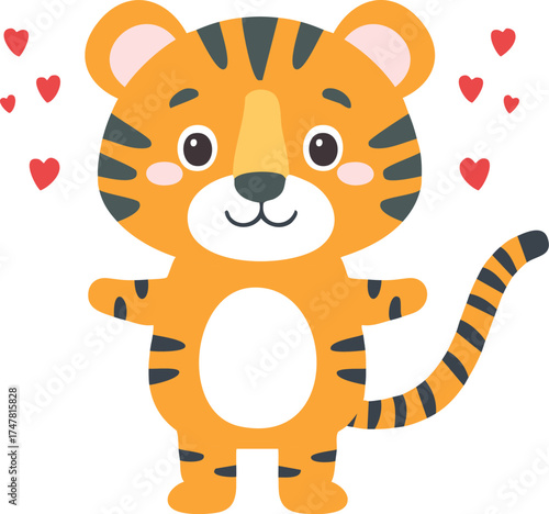 Cartoon tiger with hearts and cute smiling face