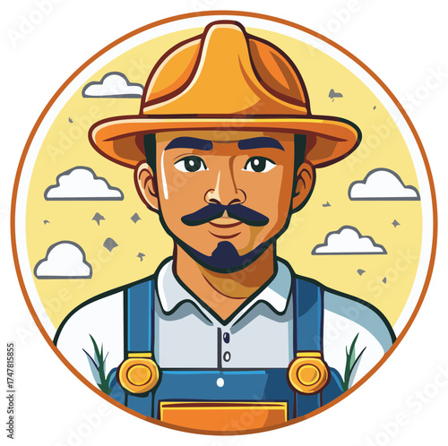 Cartoon portrait of a friendly male farmer with a mustache wearing a hat and overalls