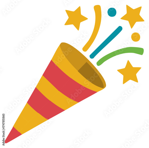 Colorful party popper bursting with stars and confetti celebrating an event