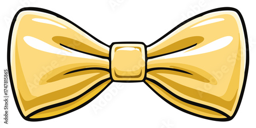 Golden bow tie illustration for elegant fashion or party celebration, cartoon style design with shine.