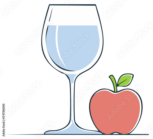 Simple illustration of a glass of pure water and a red apple for a healthy lifestyle concept