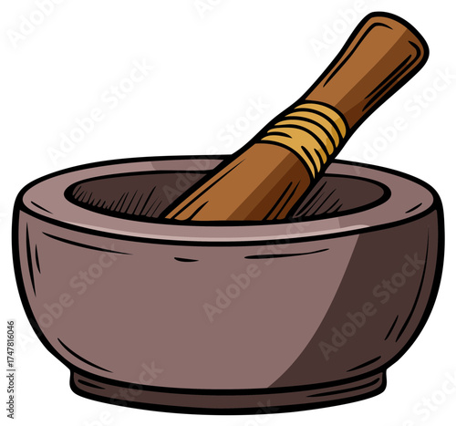 Illustration of a brown mortar and pestle for grinding herbs and spices