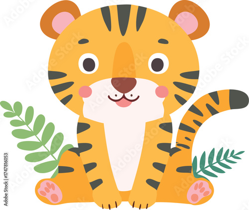 Cartoon tiger sitting with leaves and cute smile