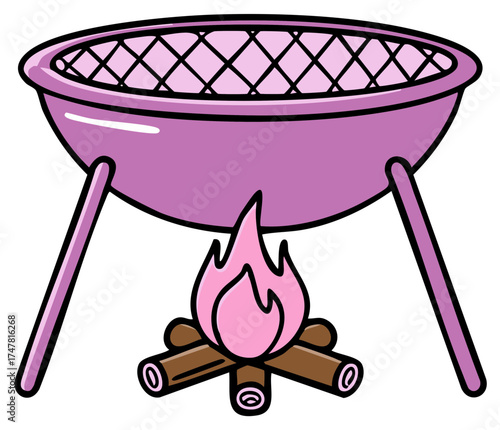 Cartoon illustration of a barbecue grill with a fire, ready for a cookout.