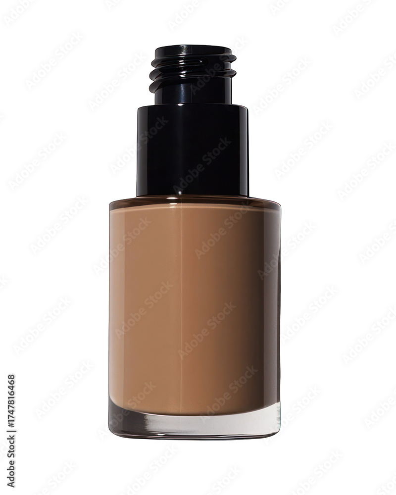Obraz premium Foundation bottle, black cap, dark tan product, against a dark background