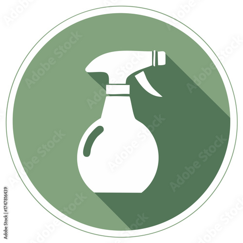 Spray Bottle Icon with Shadow in a Green Circle Cleaning Supplies Isolated