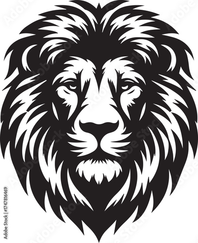 Majestic lion head logo design with powerful, confident expression in black