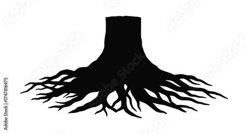 Silhouette of a tree trunk with elaborate spreading root system natural organic growth concept silhouette