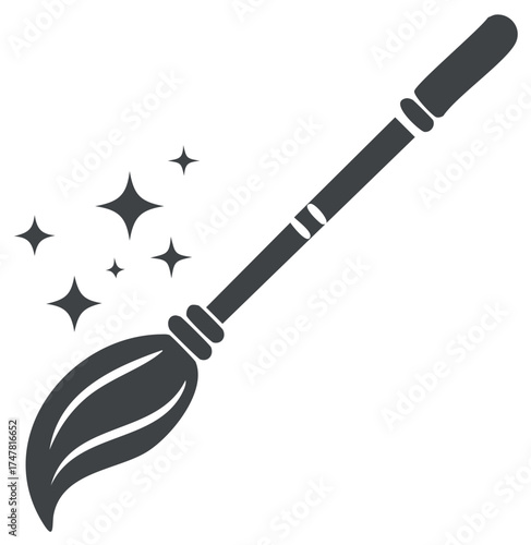 Stylized broom and sparkling stars, magical cleaning and enchantment concept.