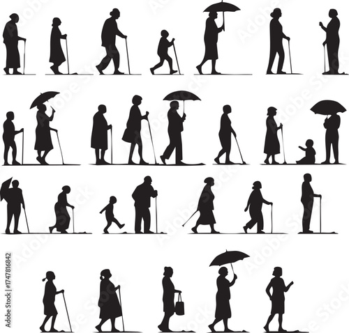 Human life stages silhouette illustration, black vector showing aging progression from childhood to old age for educational themes
