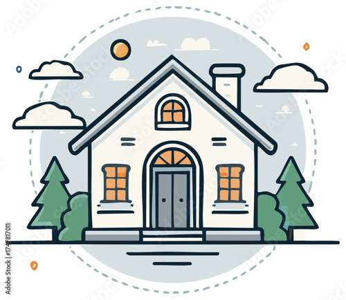 Cartoon illustration of a cozy home with trees, sun and clouds in an stylized suburban neighborhood setting perfect for family living